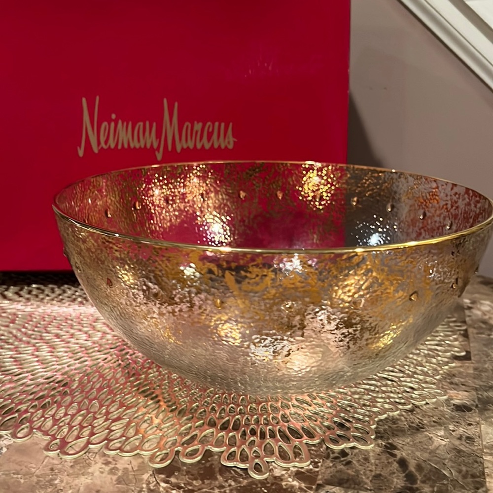 Neiman Marcus Glass and Gold Serving/Decorative Bowl